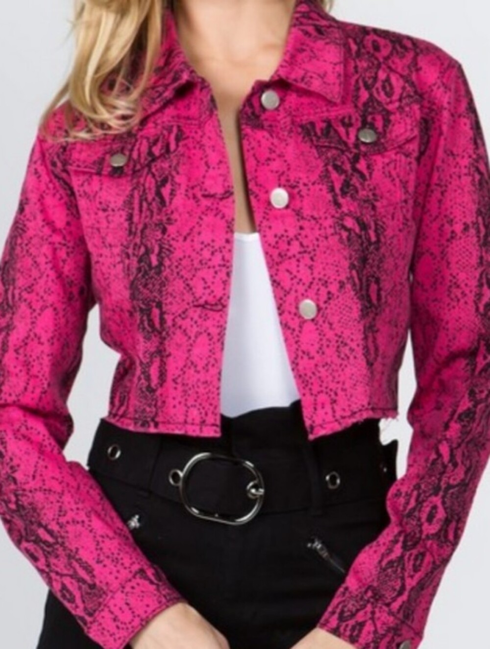 "Distant Memory" Cropped Hot Pink Snake-Print Jacket